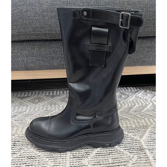 $1,695 NIB Alexander McQueen Black Leather Combat Boots Chunky Sole Buckle 42(9)